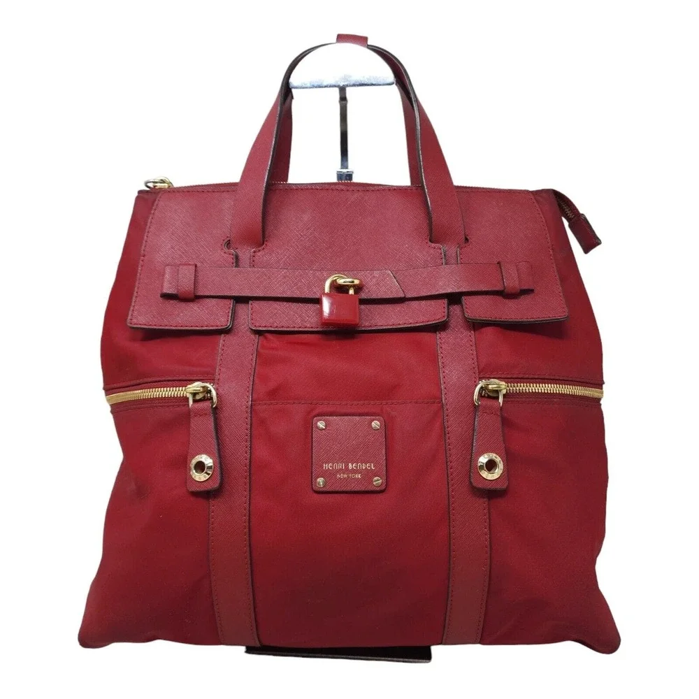 Henri Bendel Womens Backpack Purse Jetsetter Maroon Red Nylon Convertible Travel - Picture 1 of 14